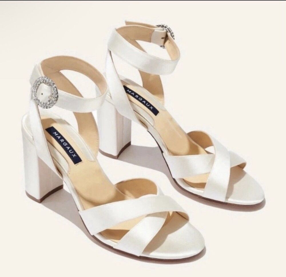 New Margaux The Uptown Ivory Satin Crystal Bridal Sandals Sz 37.5 EU 7.5 US